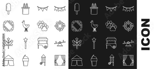 Set line Curtain, Seesaw, Target sport for shooting competition, Carnival garland with flags, Riding kid duck, Ticket, Ice cream and Paw print icon. Vector