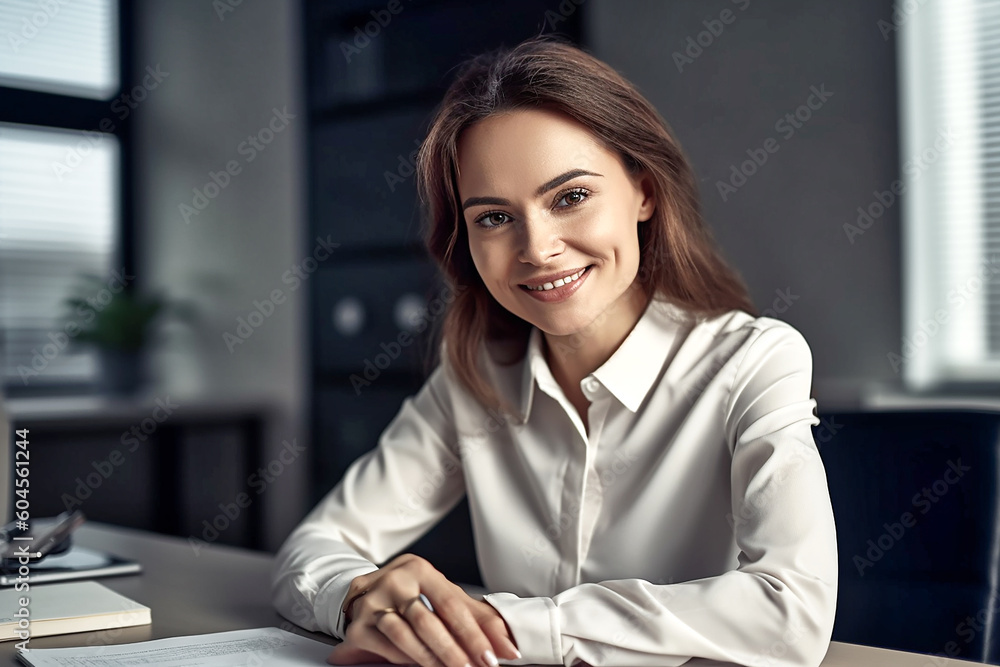 A smiling woman sitting behind a desk looking at documents. AI generativ. A smiling woman sitting behind a desk looking at documents. AI generativ.