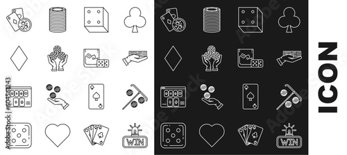 Set line Casino win, Stick for chips, Hand holding deck of playing cards, Game dice, casino, Playing with diamonds symbol, glass whiskey cubes and icon. Vector