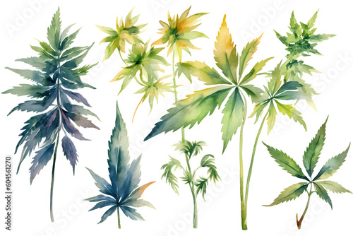 green cannabis plant pressed dried in the style of watercolor on a white background - 3:2