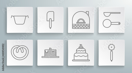 Set line Pretzel, Spatula, Stack of pancakes, Cake, Pizza knife, Brick stove, Measuring spoon and Cooking pot icon. Vector