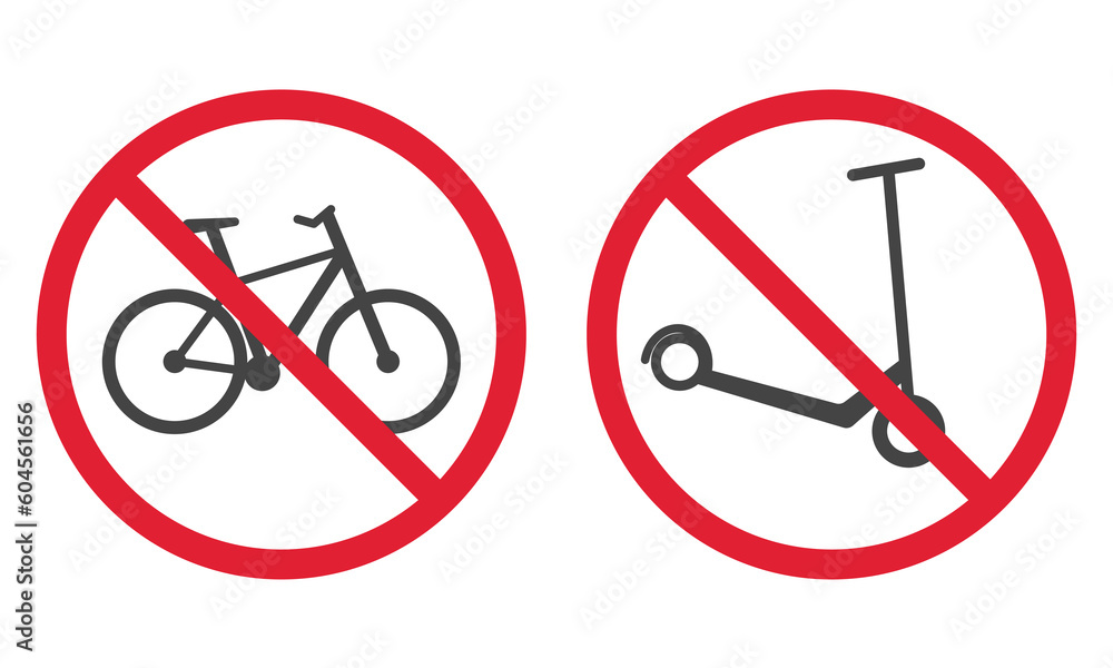 No bike, no scooter permission poster. Forbidden pictogram. Red stop