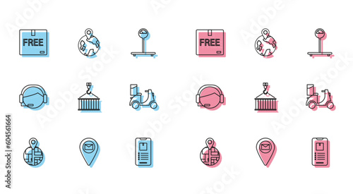 Set line , Placeholder on map paper, Cardboard box with free symbol, Mobile phone app delivery tracking, Container crane, Scooter, Support operator touch and Worldwide icon. Vector
