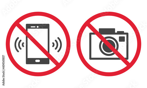 No photos, no phones poster. Forbidden pictogram. Red stop circle symbol. No allowed sign. Prohibited zone. Vector illustration isolated on white background