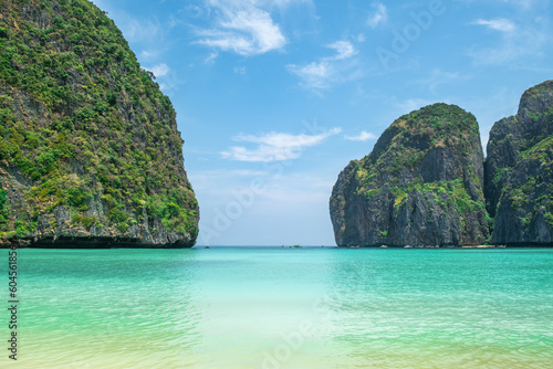 beautiful seascape view with rocky mountains and blue sky at Maya Bay © Chawich