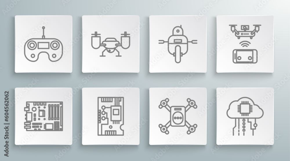 Fototapeta premium Set line Electronic computer components motherboard digital chip, Drone flying with action camera, Internet of things, Robot, Remote aerial drone and control icon. Vector
