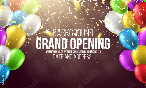 Grand opening. Banner with colorfil balloons and falling confetti. Ceremony presentation. Vector illustration.