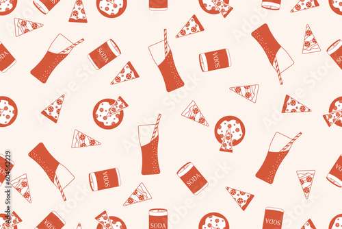Wrapping paper with Retro Fast Food. Pizza cartoon Seamless pattern. Elements for Pizza cafe, restaurant. Wallpaper and bed linen print. Vector illustration.