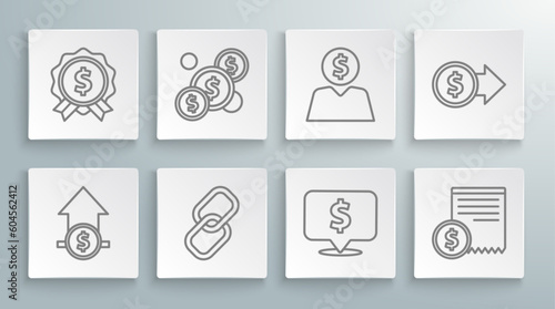 Set line Financial growth and coin, Coin money with dollar, Chain link, Speech bubble, Paper check financial check, Business man planning mind, symbol and Price tag icon. Vector