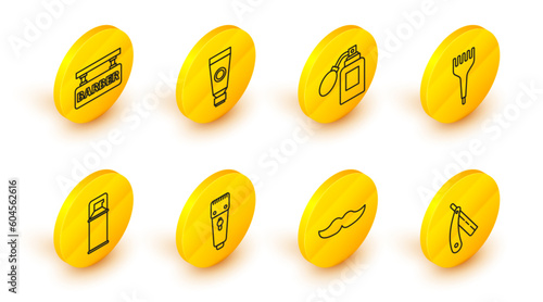 Set line Straight razor, Mustache, Electrical hair clipper shaver, Shaving gel foam, Hairbrush, Aftershave bottle with atomizer, Cream lotion cosmetic tube and Barbershop icon. Vector