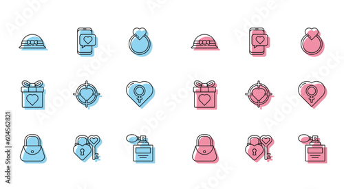 Set line Handbag, Castle key in heart shape, Elegant women hat, Perfume, Heart the center of target aim, Female gender, Gift box and Online dating app chat icon. Vector