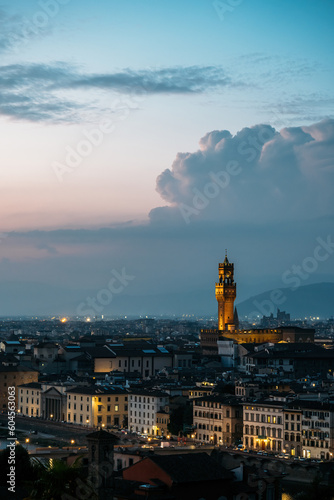 Vertical shot of Old Palace in Florence City Hall tower architect Arnolfo di Cambio in evening lights on warm summer with stunning cumulus clouds. Concept of outstanding architectural structures
