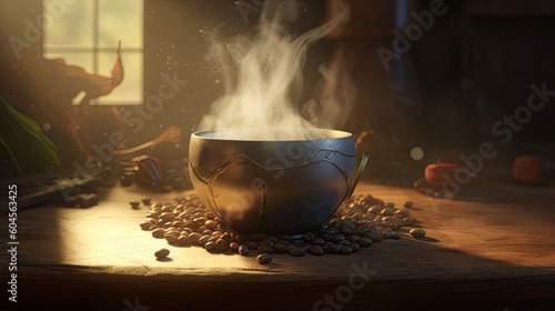 Coffee cup and coffee beans on wooden background Generative AI