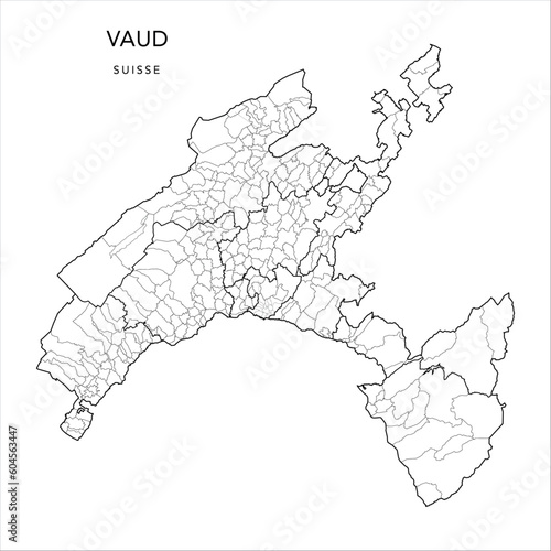 Vector Map of the Canton of Vaud with the Administrative Borders of Districts, Municipalities (Communes) and the Quarters (Quartiers) of Lausanne as of 2023 - Switzerland (Suisse)