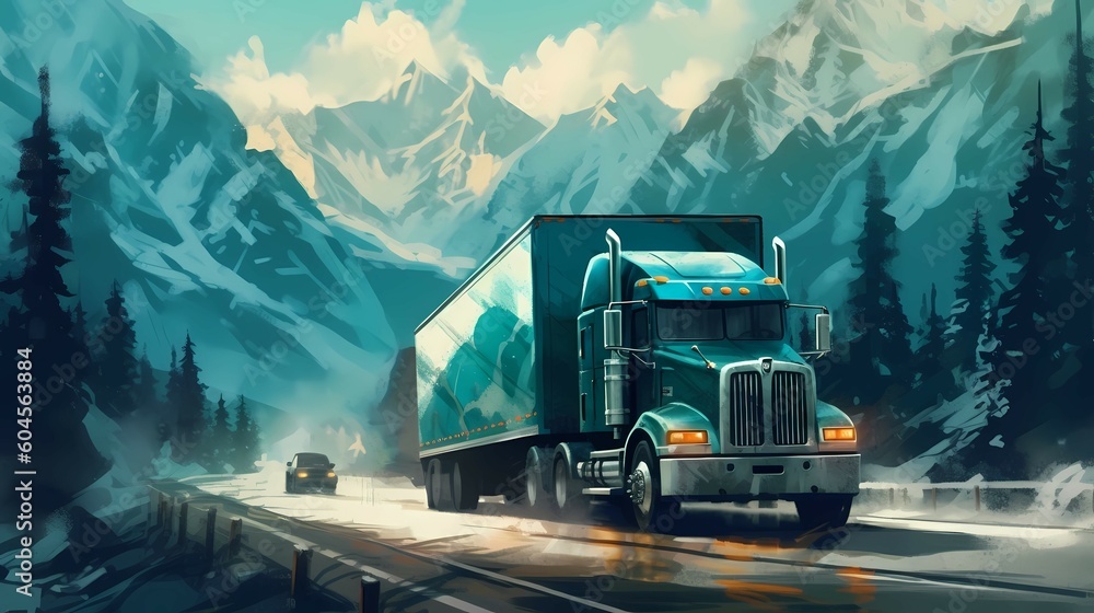 Truck on the road, with mountains and forest in the background. Generative AI