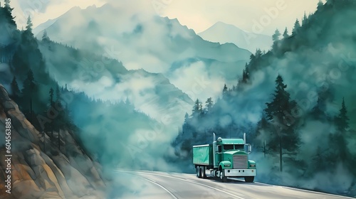 Truck on the road, with mountains and forest in the background. Generative AI