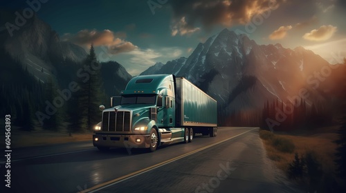 Truck on the road  with mountains and forest in the background. Generative AI