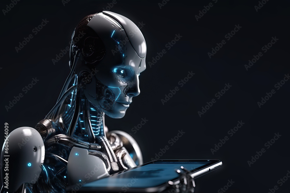 The head is a robot with artificial intelligence and outwardly similar to a person, generative AI.
