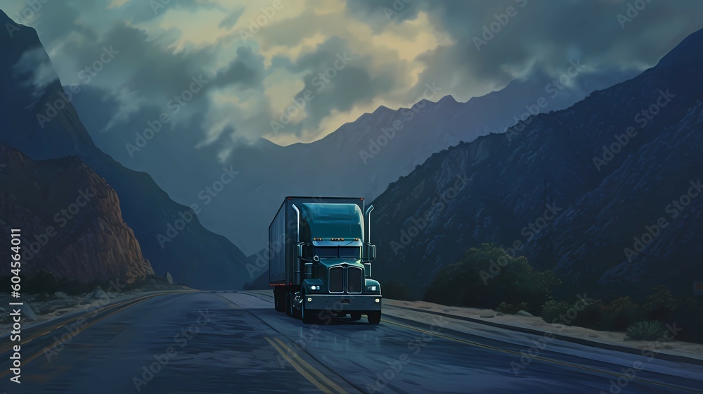 Truck on the road, with mountains and forest in the background. Generative AI