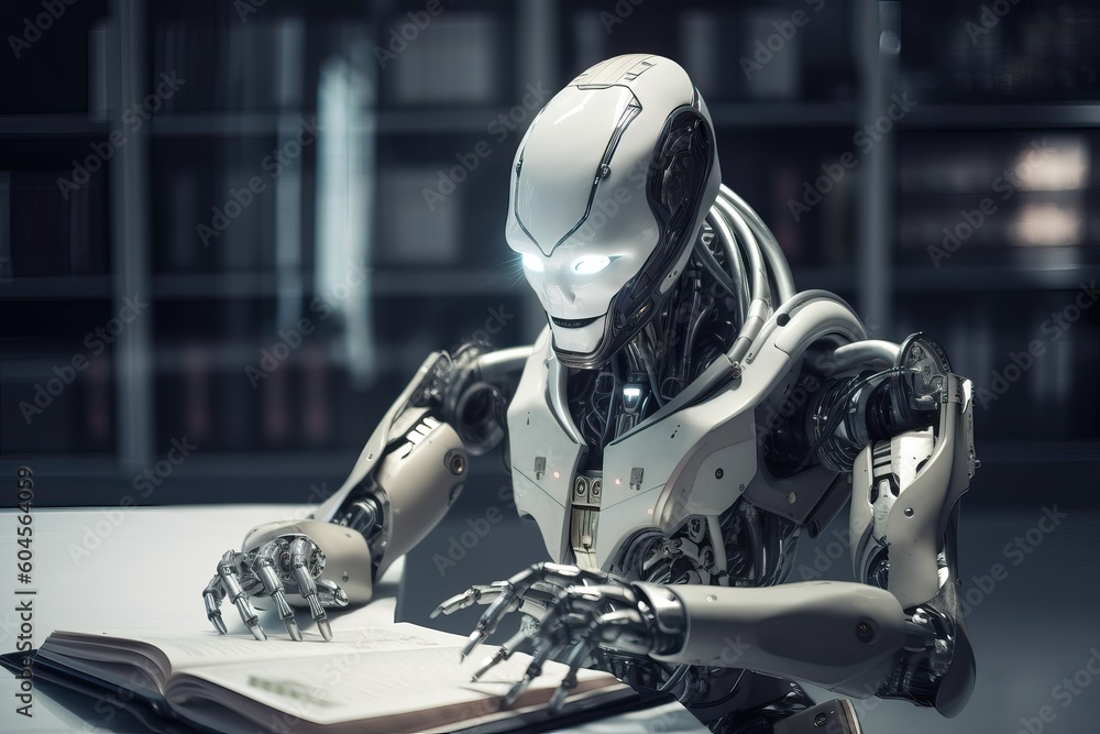 A robot man with artificial intelligence reads books and writes in a notebook, generative AI. A robot man with artificial intelligence reads books and writes in a notebook, generative AI.