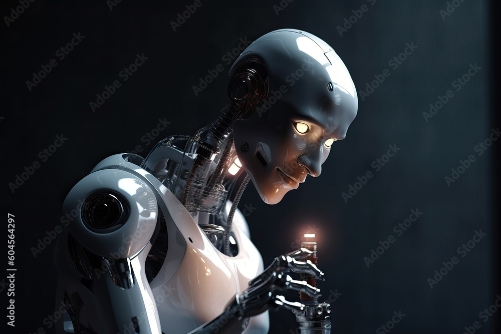 A robot with artificial intelligence holds an electric light bulb in its hands and looks intently at it, generative AI. A robot with artificial intelligence holds an electric light bulb in its hands and looks intently at it, generative AI.