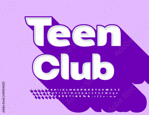 Vector creative Poster Teen Club. Modern Font with Big Violet Shadow. Artistic Alphabet Letters and Numbers