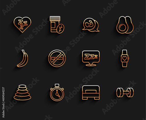Set line Stack hot stones, Stopwatch, Sleepy, Big bed, Dumbbell, No Smoking, Smart and icon. Vector
