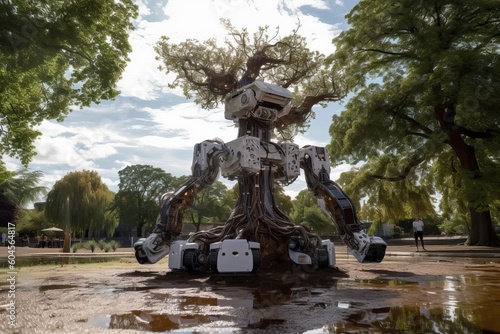 A robot equipped with an irrigation system waters the trees in the park, generative AI.