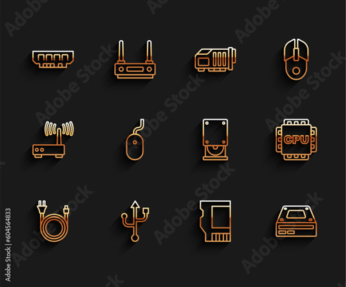Set line Electric plug, USB, RAM, random access memory, SD card, Optical disc drive, Computer mouse, Processor with CPU and icon. Vector
