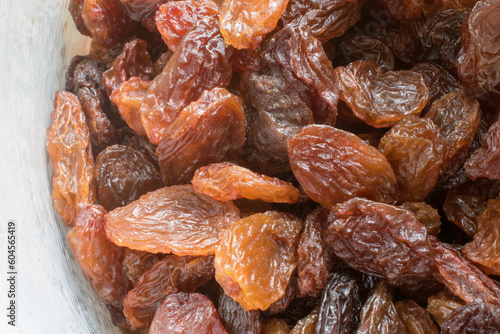 closeup macro image of raisin. (top view) a raisin is a dried grape. stock images, selective focus. vienna, austria, 16 may 2023