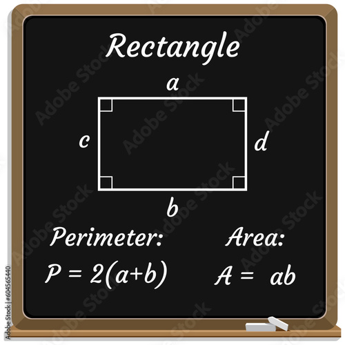 Area and Perimeter Formulas. Perimeter and Area of a Rectangle. Math. Vector illustration.