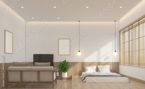 Modern japan style bedroom decorated with built-in bed and hanging lamp, minimalist living area and wood slat wall. 3d rendering