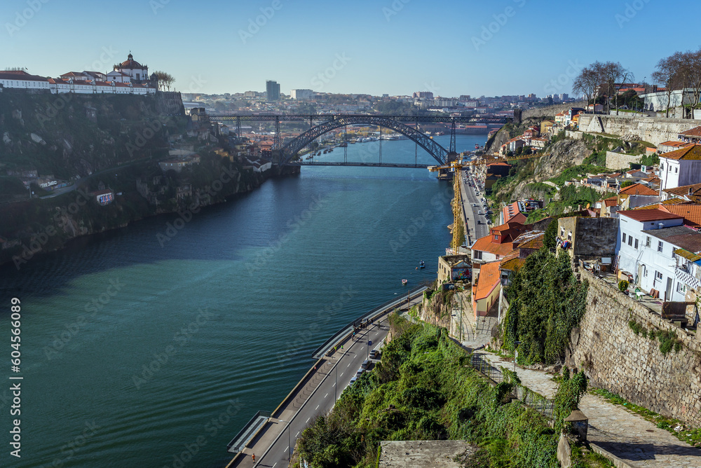 View from Infante D. Henrique Bridge on a Dom Luis I Bridge over Douro River, Porto, Portugal