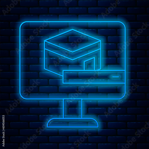 Glowing neon line Kaaba mosque icon isolated on brick wall background. Kaaba hajj Mecca pray pilgrimage Ramadan Islam muslim mosque. Vector
