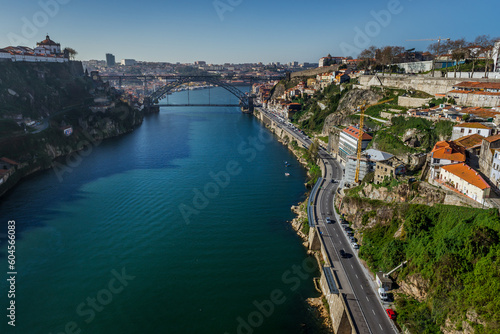 View from Infante D. Henrique Bridge on a Dom Luis I Bridge over Douro River, Porto city, Portugal