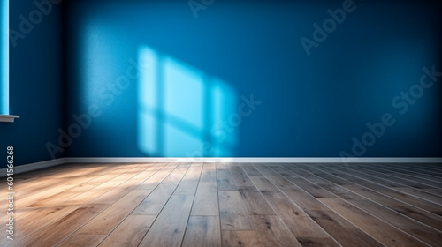 Blue empty wall and wooden floor with interesting light glare. Interior background for the presentation. © Mr. WashiWashi