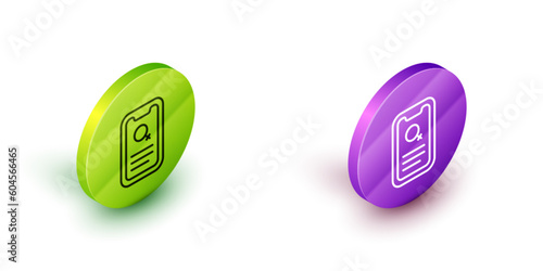 Isometric line Dating app online mobile concept icon isolated on white background. Female male profile flat design. Couple match for relationship. Green and purple circle buttons. Vector