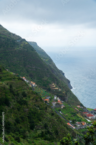 Aerial view of the village of Porto Moniz with lava-rock pool, Madeira Island, Portugal