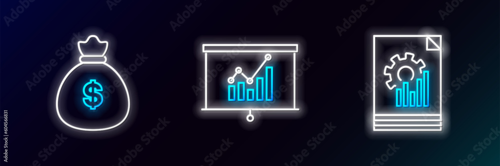 Set line Document with graph chart, Money bag and Board icon. Glowing neon. Vector