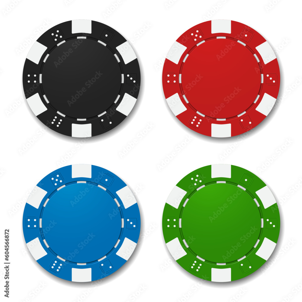Poker chips in different color. Black, red, blue and green chips on white background. Vector illustration. Poker chips in different color. Black, red, blue and green chips on white background. Vector illustration.