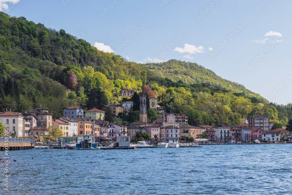 High angle view of Portoceresio, a town on Lake Lugano in the province of Varese, Italy. Copy space