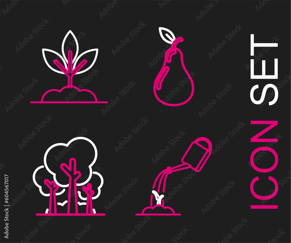Set line Watering can with water, Trees, Pear and Plant icon. Vector