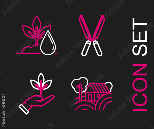 Set line Farm House concept, Plant in hand of environmental protection, Gardening handmade scissors for trimming and Watering plant icon. Vector