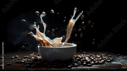  artistic image of coffee beans dropping into a milky liquid against a dark background, with a focus on ultra-realistic, photo-realistic, or hyper-realistic details. The image should showcase