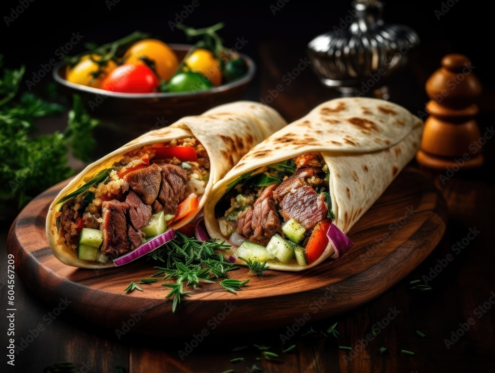 The Doner kebab (shawarma) with meat and sauce. Generative AI The Doner kebab (shawarma) with meat and sauce. Generative AI