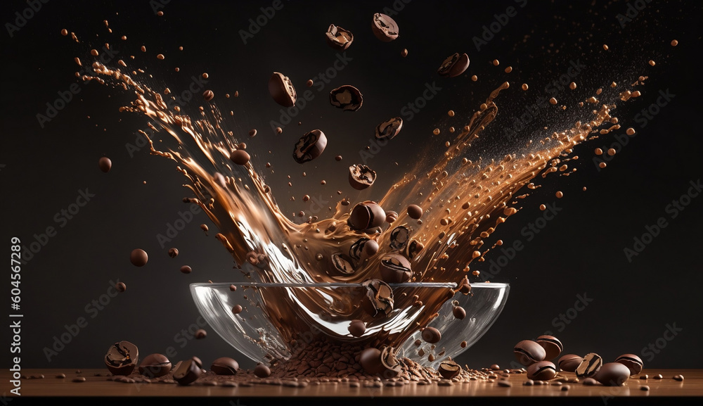 artistic image of coffee beans dropping into a milky liquid against a ...