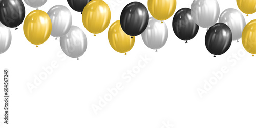 illustration of black, white and gold balloons with copy space