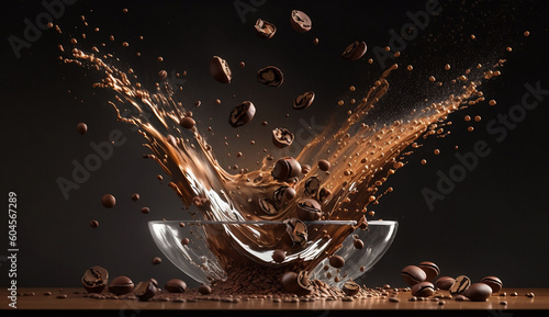  artistic image of coffee beans dropping into a milky liquid against a dark background, with a focus on ultra-realistic, photo-realistic, or hyper-realistic details. The image should showcase