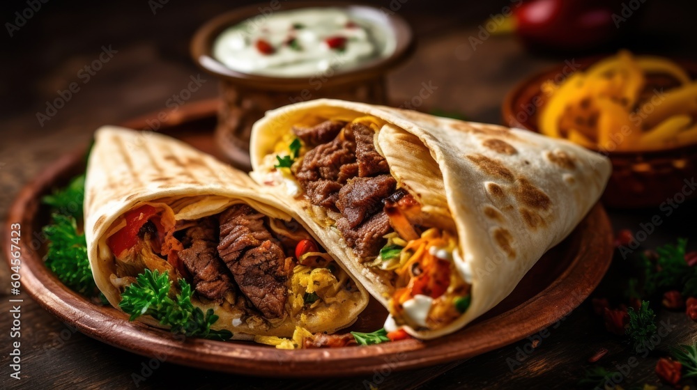 The Doner kebab (shawarma) with meat and sauce. Generative AI The Doner kebab (shawarma) with meat and sauce. Generative AI