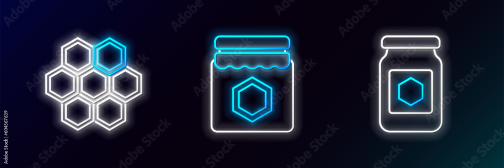 Set line Jar of honey, Honeycomb and icon. Glowing neon. Vector Set line Jar of honey, Honeycomb and icon. Glowing neon. Vector